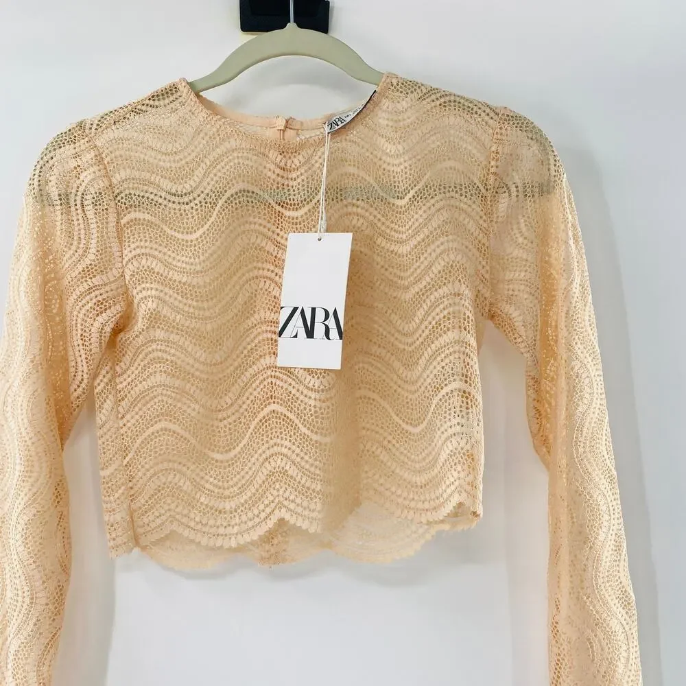 NEW Zara Beige Wavy Lace Scallop Hem Sheer Knit Long Sleeve Crop Top Small Y2K